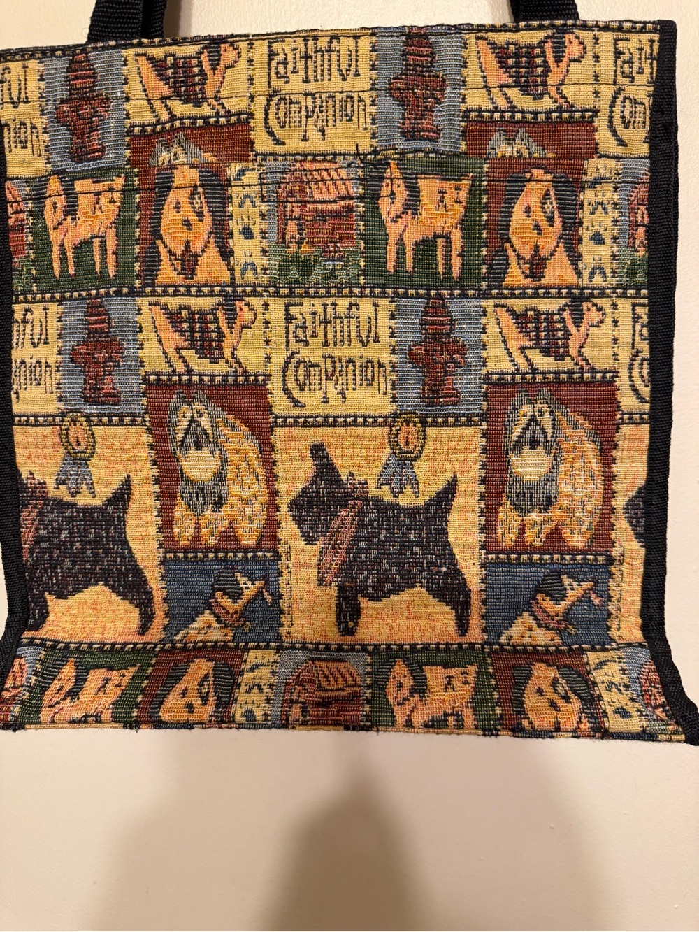 Vintage Tapestry Casual Nostalgic Cottagecore Dog Motif Tote with Black Straps - Picture 5 of 7